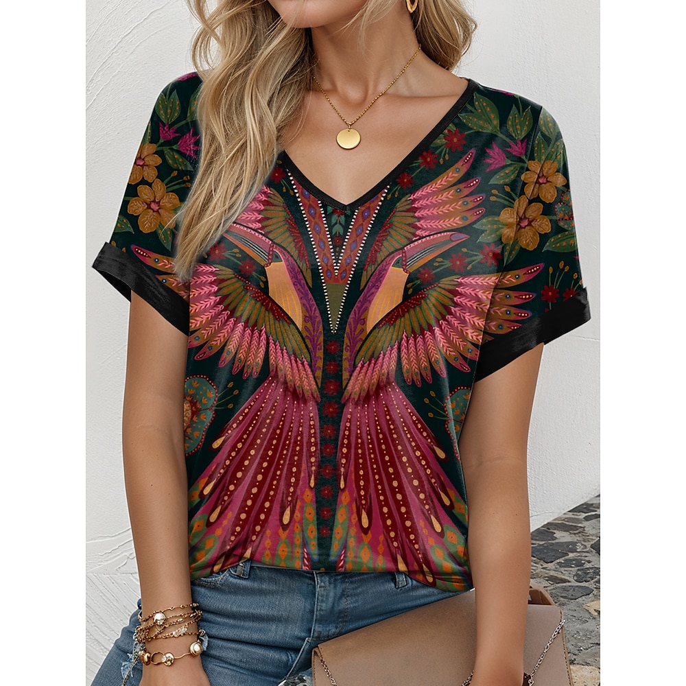 Damen T Shirt Graphic Geometrisch Paisley-Muster Vintage Brautkleider schlicht Kurzarm V Ausschnitt Normale Oberteile Täglich Wochenende Urlaubskleidung Bedruckt Wein Sommer Lightinthebox