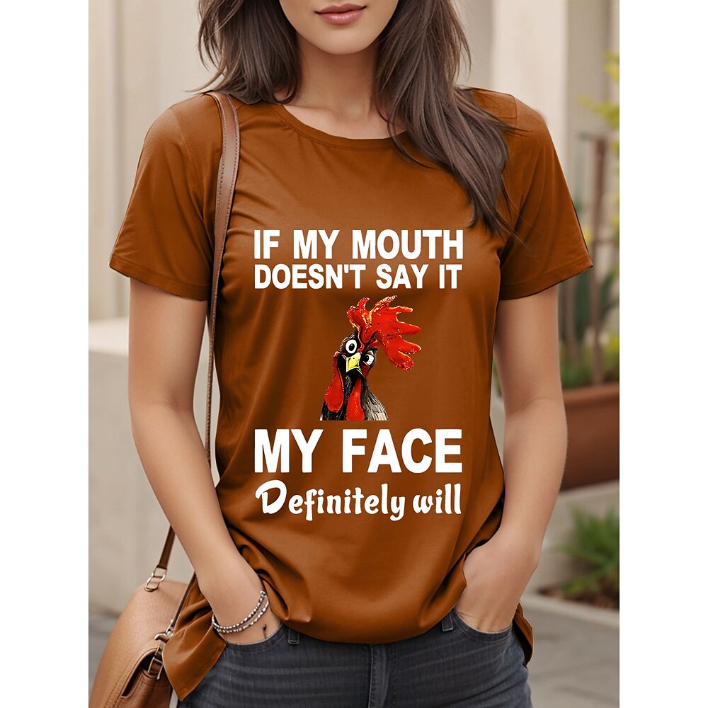 Damen T Shirt Grafik Hahn Buchstabe Lässig Kurzarm Rundhals Normale Oberteile Täglich Druck Schwarz Marineblau Braun Sommer Lightinthebox