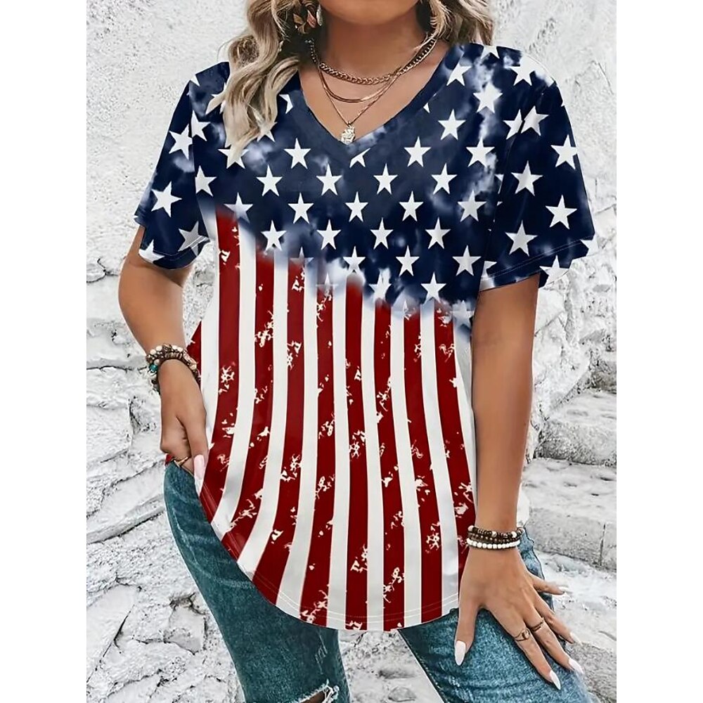 Amerikanischer Unabhängigkeitstag Damen T Shirt Flagge Amerikanische Flagge Nationalflagge Stilvoll Lässig Kurzarm V Ausschnitt Normale Oberteile Täglich Druck Rote Blau Sommer Frühling Lightinthebox