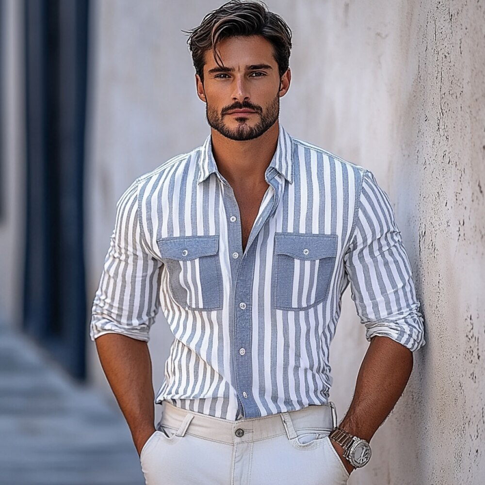 Herren Hemd Sommerhemd Gestreiftes Hemd Freizeithemd Knopfhemd Blau Langarm Täglich Ausgehen Bekleidung Mode Lässig Bequem Lightinthebox