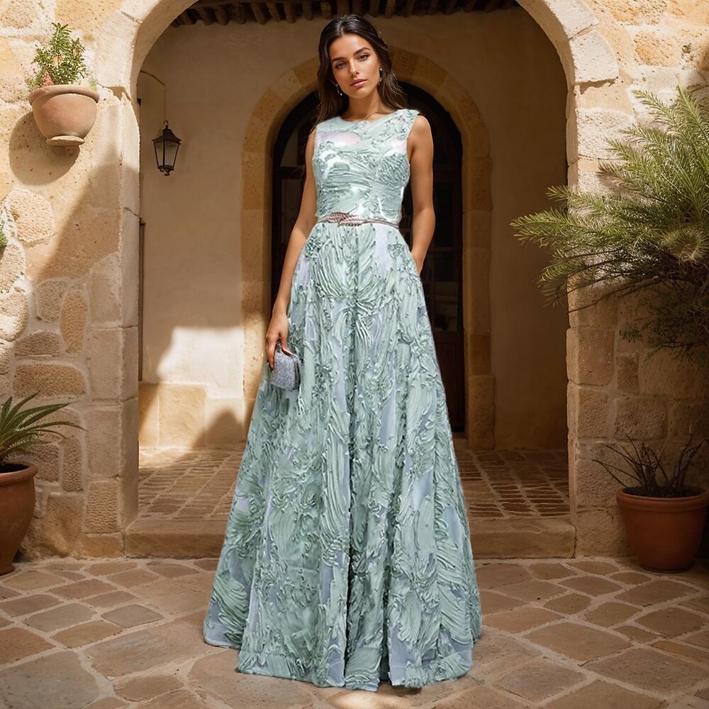 A-Linie Abendkleid Elegant Kleid Hochzeitsgast Ferien Bodenlang Ärmellos Rundhalsausschnitt Organza mit Rüschen 2025 Lightinthebox