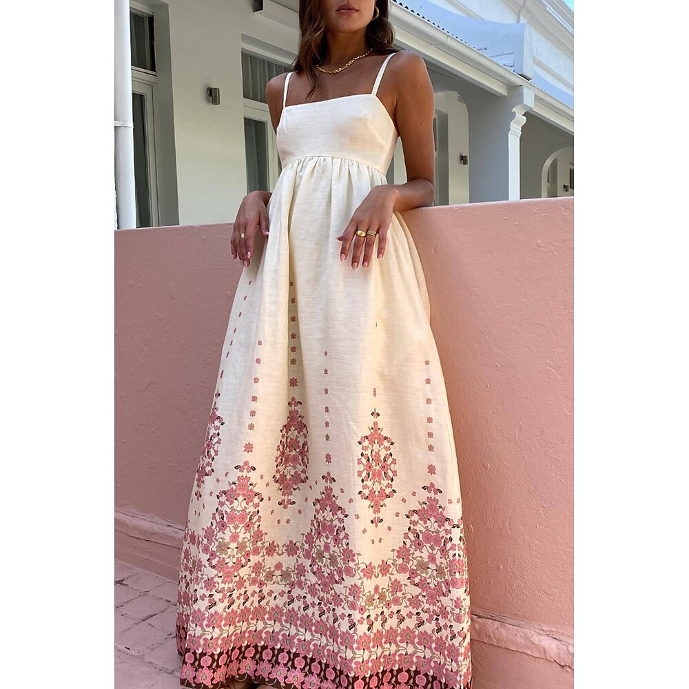 Damen Langes Kleid Maxikleid Baumwoll-Leinenkleid Unterkleid Druckkleid Mode Outdoor Urlaub Ausgehen Normale Passform Blume Ärmellos Spaghettiträger Weiß Sommer Lightinthebox