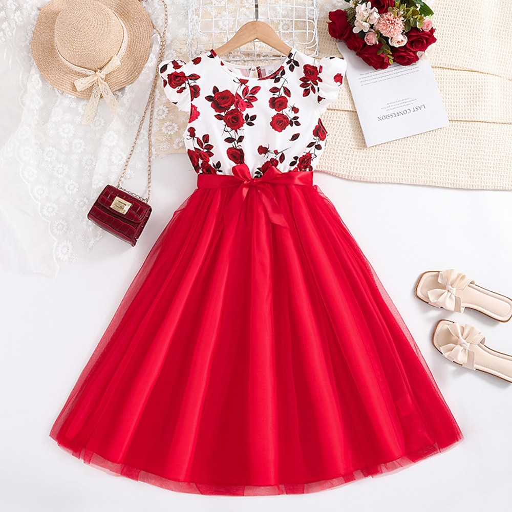 kinderkleidung Mädchen Kleid Blumenkleid Blume Ärmellos Outdoor Casual Rüsche Modisch Täglich Polyester Knielang Casual kleid A Linie Kleid Sommer 4 Jahre Rote Grün Lightinthebox