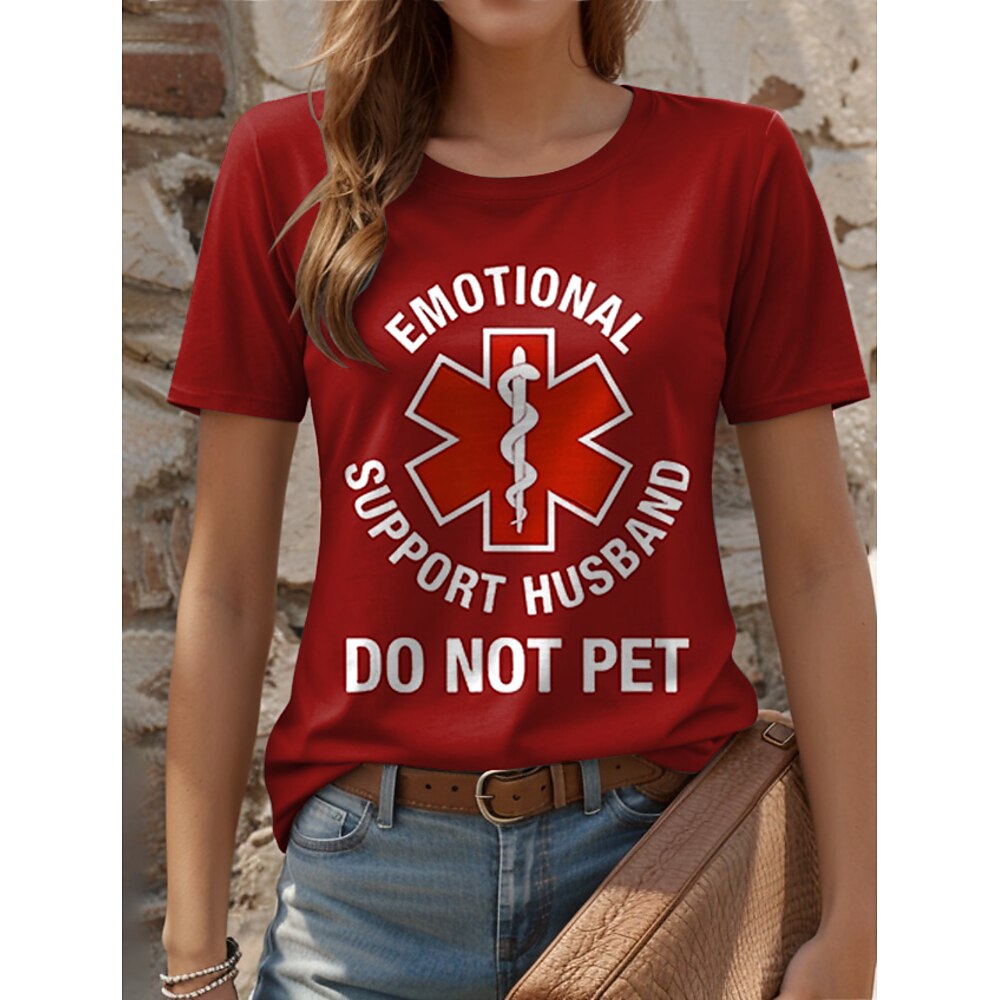 Damen-T-Shirt mit Aufschrift „Spiricule Husband", Grafik, Buchstaben, stilvoll, lässig, kurzärmlig, Rundhalsausschnitt, normale Oberteile, Alltags-/Wochenend-Print, Schwarz, Rot, Lila, Off-White, Lightinthebox