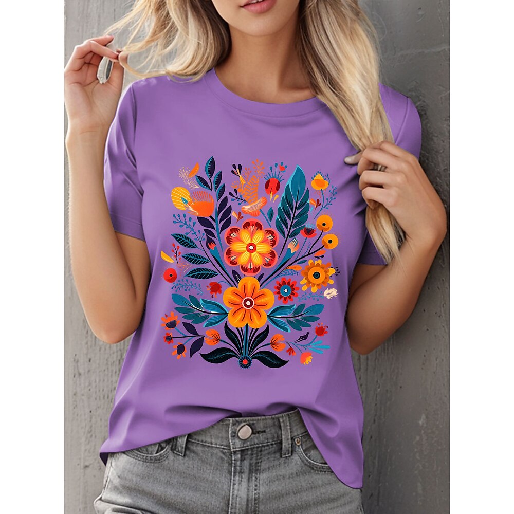 Damen T Shirt Blumen Grafik Lässig Kurzarm Rundhals Normale Oberteile Täglich Druck Rosa Himmelblau Purpur Sommer Lightinthebox