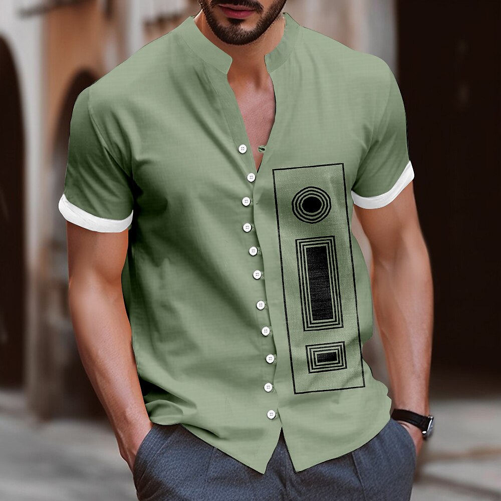 Herren Geometrisch Quadrat Hemd Knopfhemd Stehkragenhemd Kurzarm Modisch lässig Urlaub Täglich Sommer Frühling Mandarinkragen Stehkragen Großvaterkragen 3D-Druck Leinenähnliches Hemd Gelb Blau Grün Lightinthebox