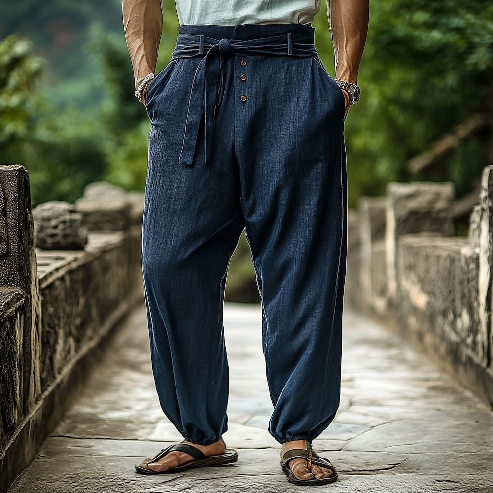 Herren Jogginghose Jogger Leinenhosen Hose Sommerhose Baggy-Hosen Kordelzug Elastischer Bund Weites Bein Einfach Komfort Atmungsaktiv Volle Länge Heim Yoga Täglich Mode Lässig Marineblau Lightinthebox