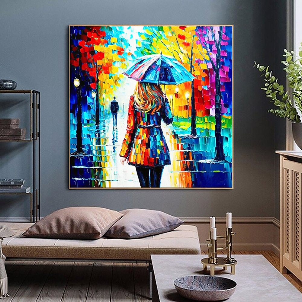 handgefertigtes Ölgemälde auf Leinwand, Wandkunst, Dekoration, moderne Figur, Rücken, brillante Farben, Regen, Straßenlandschaft, für Heim, Tanzstudio, Dekor, gerolltes, rahmenloses, ungedehntes Lightinthebox