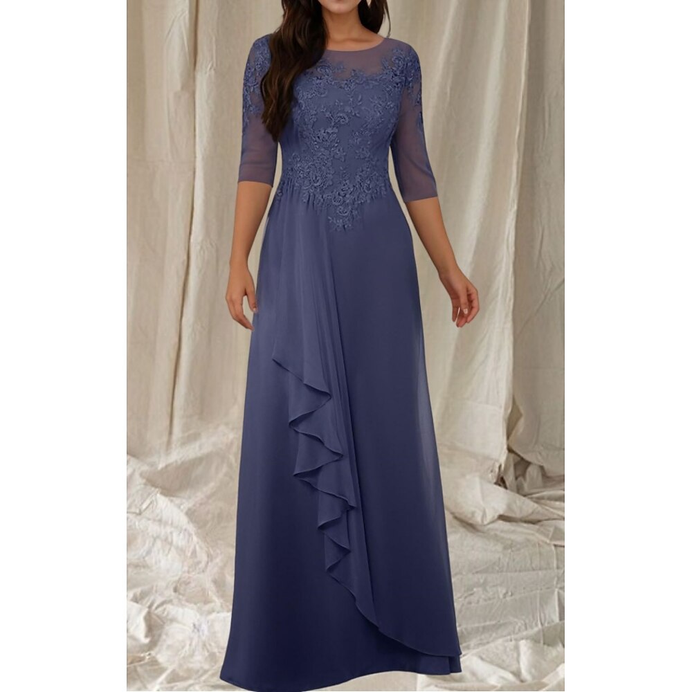 A-Linie Brautmutterkleid Hochzeitsgast Elegant Rundhalsausschnitt Bodenlang Chiffon Spitze Dreiviertelarm mit Perlenstickerei Rüschen Applikationen 2025 Lightinthebox