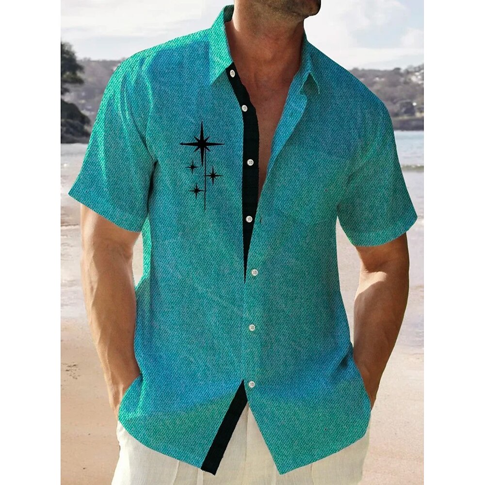 Herren Sommerhemd Freizeithemd Strandhemd Knopfhemd Grün Kurzarm Muster Sterne Revers Urlaub Hawaiianisch Bekleidung Polyester Mode Lässig Bequem Lightinthebox