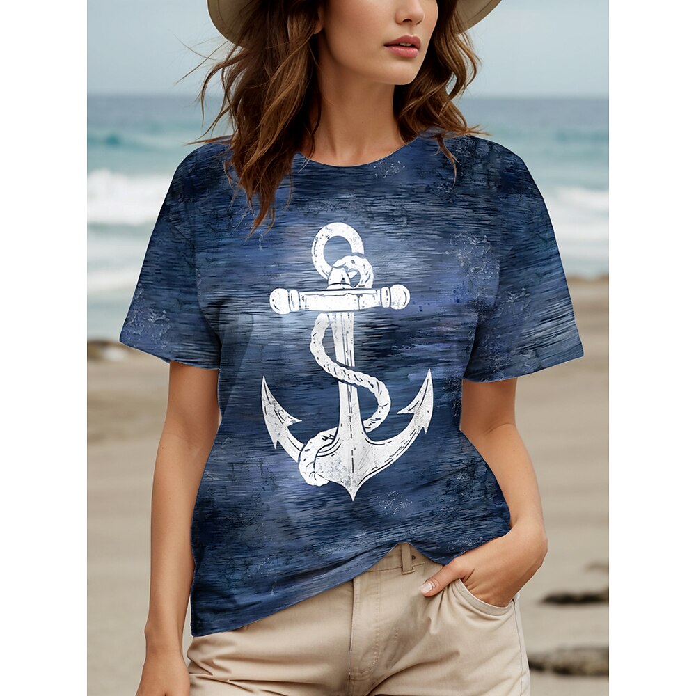 Damen T Shirt Grafik Batik Ozean Stilvoll Lässig Kurzarm Rundhals Normale Oberteile Täglich Wochenende Patchwork Druck Blau Sommer Frühling Lightinthebox