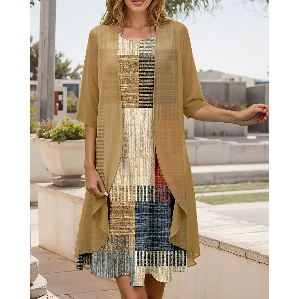 Damen Kleid-Set A Linie Kleid Sommerkleid Midi-Kleid Urlaub Lässig Grafik Geometrisch Plissiert Druck Midikleid Halbarm Rundhalsausschnitt Urlaub Täglich Gold Frühling Herbst Normale Passform Lightinthebox