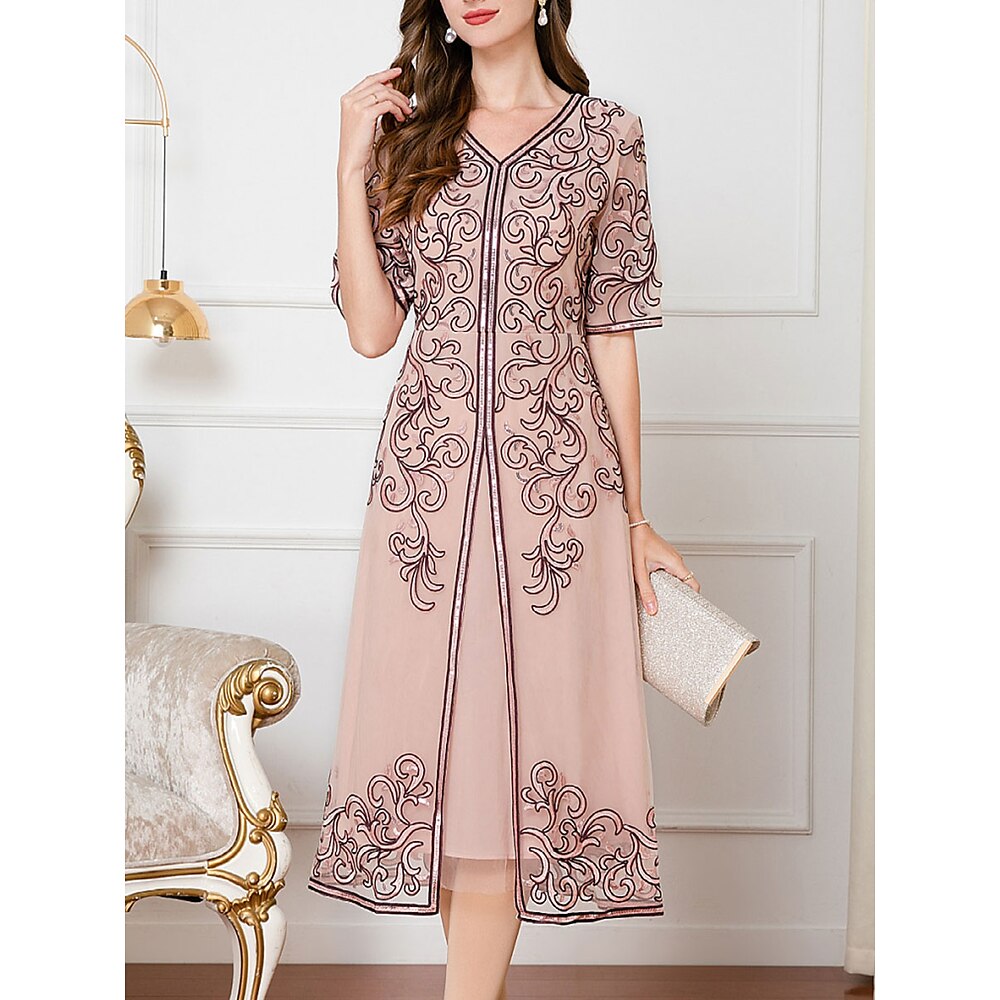 Kleid Brautmutterkleid Elegant Chinesischer Stil V Ausschnitt Knielang Polyester Baumwollmischung Halbarm mit Stickerei 2025 Lightinthebox