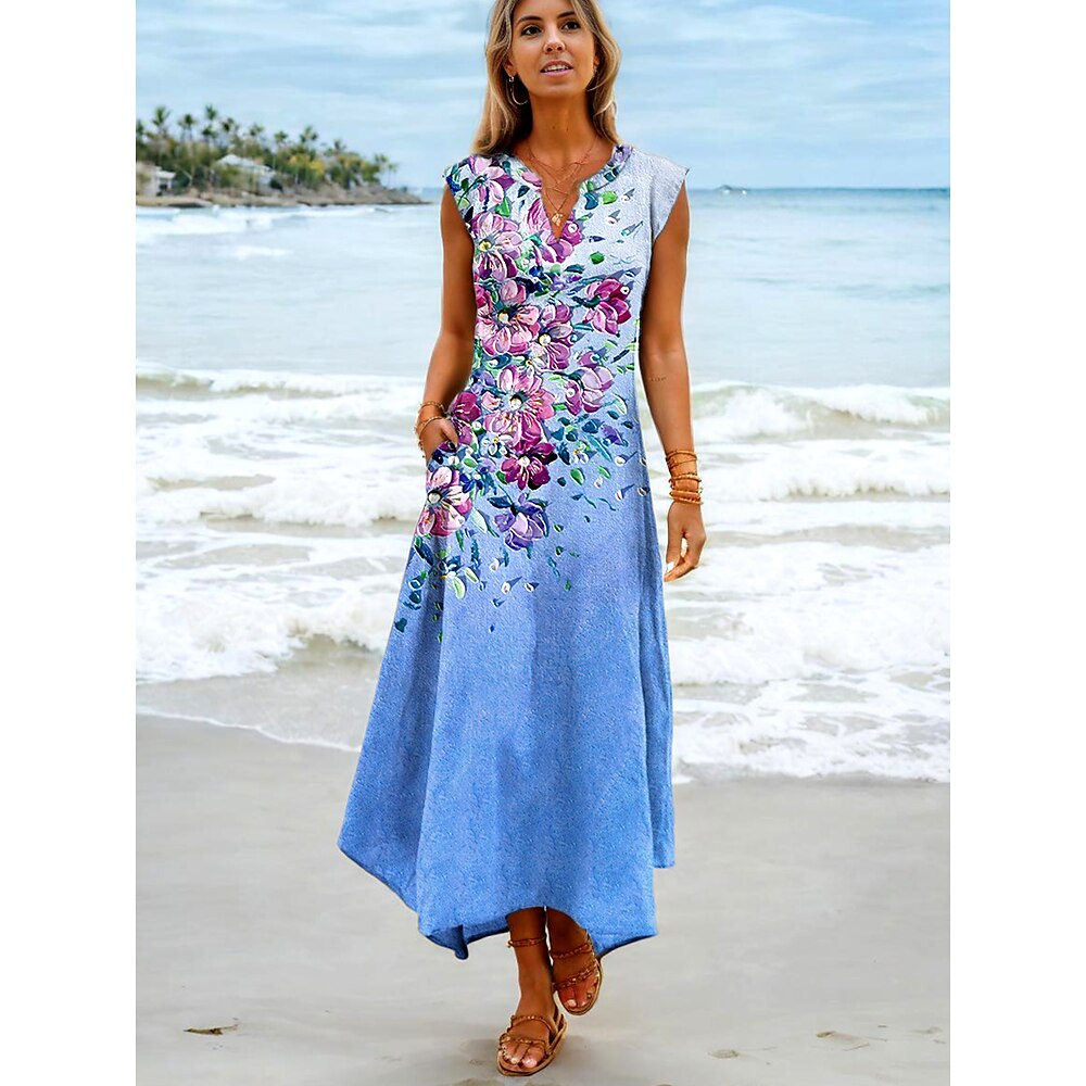 Damen Maxikleid Sommerkleid A Linie Kleid Urlaub Boho Strand Party Strand Normale Passform Ombre Blumen Grafik Ärmellos V Ausschnitt Blau Sommer Frühling Lightinthebox