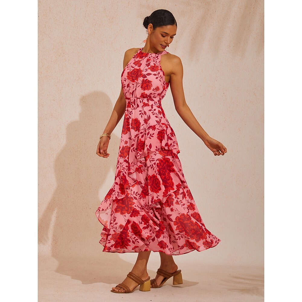 Spring Blooms Flowy Chiffon Waist-cinching Maxi Dress