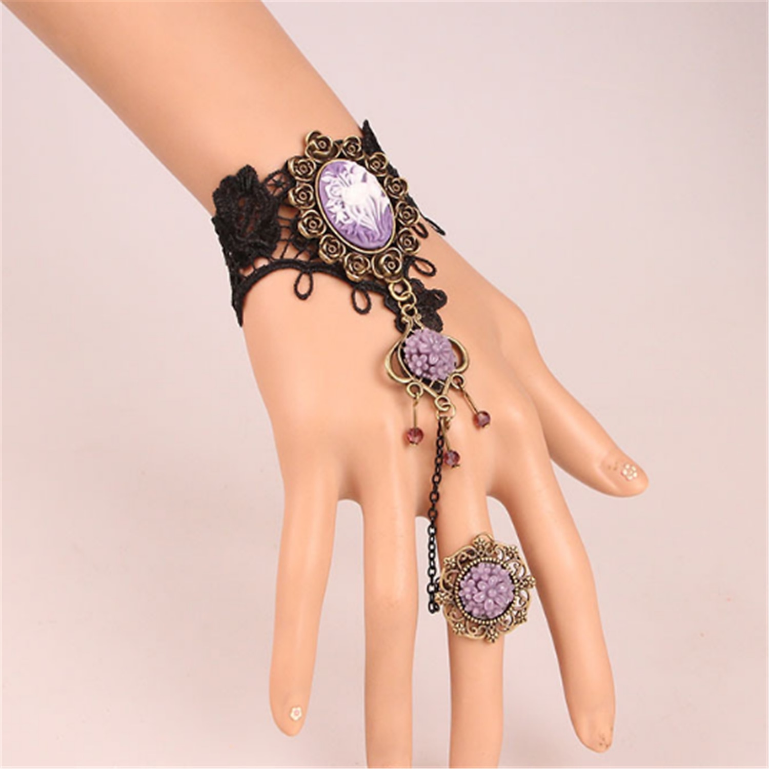 Gothic Goth Wrist Chain With Black Gem Glove Witch Halloween Fancy Dress 