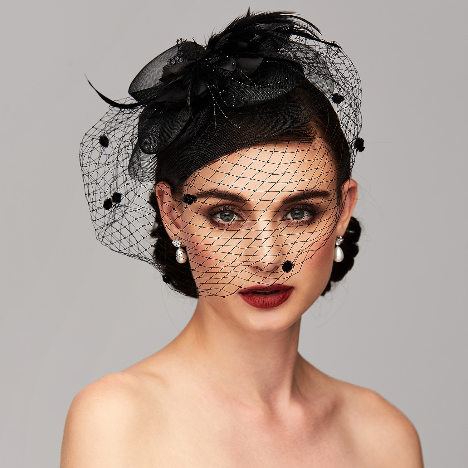 EXCHIC Women Fascinator Flower Polka Dot Net Veil Hair Clip Hat Wedding Cocktail 