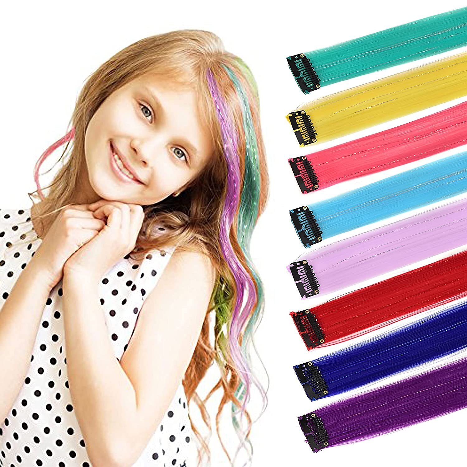 voetstuk zoon Stralend gekleurde hair extensions clip in met haar klatergoud voor kinderen 8 stuks  kleurrijke clip in haarstukje met fairy haar voor vrouwen 2023 - US $12.09