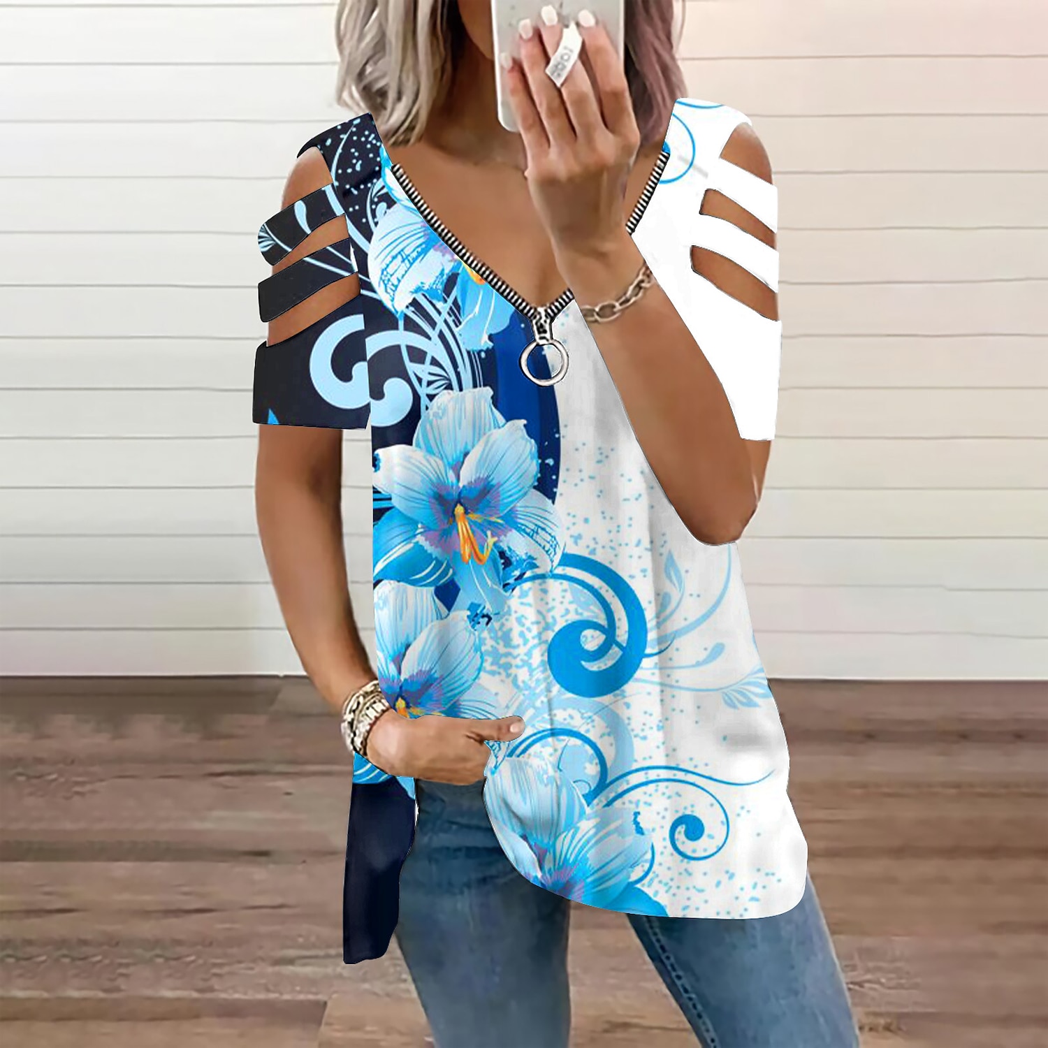 Women's Shirt Going Out Tops Blouse Concert Tops Blue Purple Light Blue  Floral Cut Out Quarter Zip Short Sleeve Casual Holiday Basic V Neck Regular  Cotton Floral S 9464992 2023 – $20.99