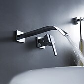 abordables Soporte para pared-Grifos para lavabo de baño, cascada de latón, estilo moderno, montaje en pared, monomando, dos orificios, acabado cromado, grifo de baño con interruptor frío y caliente