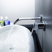 abordables Soporte para pared-Grifos para lavabo de baño, cascada de latón, estilo moderno, montaje en pared, monomando, dos orificios, acabado cromado, grifo de baño con interruptor frío y caliente