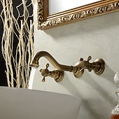 economico Da muro-rubinetto miscelatore lavabo a parete, rubinetti per lavabo diffusi ottone vintage 2 maniglie 3 fori lavabo lavabo rubinetto con tubo acqua calda fredda retrò antico