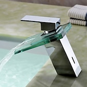 abordables Classiques-Robinet mitigeur d&#039;évier de salle de bain avec bec cascade en verre finition chromée monté sur le pont, robinet de lavabo de vasque mitigeurs de baignoire vanité
