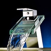 abordables Classiques-Robinet mitigeur d&#039;évier de salle de bain avec bec cascade en verre finition chromée monté sur le pont, robinet de lavabo de vasque mitigeurs de baignoire vanité