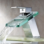 abordables Classiques-Robinet mitigeur d&#039;évier de salle de bain avec bec cascade en verre finition chromée monté sur le pont, robinet de lavabo de vasque mitigeurs de baignoire vanité