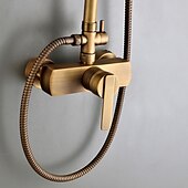abordables Accesorios de ducha al aire libre-Juego de grifos de ducha tradicionales, grifo de latón antiguo de montaje en pared con cabezal de ducha de lluvia redondo de 8 pulgadas, rociador de mano de latón con caño ancho, sistema de ducha de baño, traje de ducha de lluvia cepillado vintage