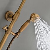 abordables Accesorios de ducha al aire libre-Juego de grifos de ducha tradicionales, grifo de latón antiguo de montaje en pared con cabezal de ducha de lluvia redondo de 8 pulgadas, rociador de mano de latón con caño ancho, sistema de ducha de baño, traje de ducha de lluvia cepillado vintage