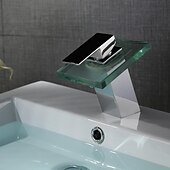 Χαμηλού Κόστους Classical-βρύση νεροχύτη μπάνιου led, ορειχάλκινος καταρράκτης 3 χρωμάτων ελεγχόμενης θερμοκρασίας γυάλινο στόμιο σύγχρονου στυλ φινίρισμα χρωμίου μονή λαβή μία τρύπα με διακόπτη ζεστού και κρύου