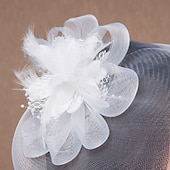 cheap Fascinators-White Wedding Fascinator Tulle Beaded Organza Fascinators Hats Headwear Clip Vintage Elegant with  Feathers Fur Flower 1 Piece Kentucky Horse Race Tea Party Ladies Day Headpiece