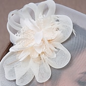 cheap Fascinators-White Wedding Fascinator Tulle Beaded Organza Fascinators Hats Headwear Clip Vintage Elegant with  Feathers Fur Flower 1 Piece Kentucky Horse Race Tea Party Ladies Day Headpiece