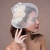 cheap Fascinators-White Wedding Fascinator Tulle Beaded Organza Fascinators Hats Headwear Clip Vintage Elegant with  Feathers Fur Flower 1 Piece Kentucky Horse Race Tea Party Ladies Day Headpiece