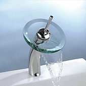 お買い得  クラシカル-真鍮の浴室の流しの蛇口、滝のクロム容器のシングルハンドル、ガラスの蛇口の注ぎ口、セラミックバルブ、ホットとコールドのスイッチを備えた1つの穴のバスタップ
