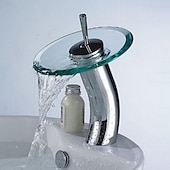 お買い得  クラシカル-真鍮の浴室の流しの蛇口、滝のクロム容器のシングルハンドル、ガラスの蛇口の注ぎ口、セラミックバルブ、ホットとコールドのスイッチを備えた1つの穴のバスタップ