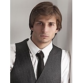 baratos Perucas capless de cabelo natural-Mistura do cabelo humano Peruca Curto Encaracolado Penteados Curtos 2020 Com Franjas Encaracolado Parte lateral Sem Touca Homens Loira Bege / Loira Descolorida Ruivo Claro Borgonha escura 8 polegadas
