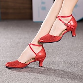 voordelige Ballroomschoenen &amp; moderne dansschoenen-Zilverkleurige glitterdansschoenen voor dames, met enkelbandjes en halfhoge hakken - ideaal voor salsa-, ballroom- en feestevenementen