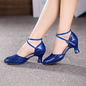 voordelige Ballroomschoenen &amp; moderne dansschoenen-Zilverkleurige glitterdansschoenen voor dames, met enkelbandjes en halfhoge hakken - ideaal voor salsa-, ballroom- en feestevenementen