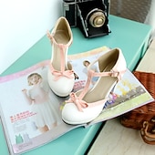 お買い得  プラットフォームパンプス-女性用ブラックパテントレザーTストラップハイヒール、ホワイトトリムと蝶結びの装飾付き - 特別な機会にぴったりのクラシックなレトロスタイル