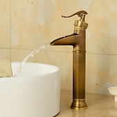 economico Classici-Rubinetto per lavabo da bagno in bronzo antico in ottone, rubinetti per vasca monoforo a cascata con montaggio a parete con interruttore caldo e freddo e valvola in ceramica