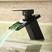 preiswerte Klassisch-Einhebel-Badarmatur ölgeriebene Bronze mit 3-farbigem LED-Wasserfall Messing-Waschtischarmatur schwarz einstellbar auf kaltes und heißes Wasser