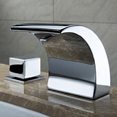 baratos Torneiras Misturadoras-Cachoeira torneira da pia do banheiro luz led latão montado no convés, torneiras de banho generalizadas 2 alças 3 furos com mangueira de água quente e fria