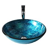 お買い得  洗面ボウル-ストレートチューブの蛇口、洗面器のサポート、排水口を備えた青い丸いクロム強化ガラスガラス洗面器