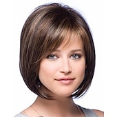 baratos peruca mais velha-perucas marrons para mulheres peruca sintética reta bob reta com franja cabelo curto castanho sintético feminino cabelo com destaque / balayage parte lateral marrom