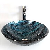 voordelige Waskommen-moderne wastafelset in de badkamer, ronde wastafel van gehard glas, montagering van chroom-zinklegering, messing badkamerkraan