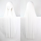 economico Parrucche da festa-parrucche bianche per donne parrucca cosplay parrucca sintetica liscia con frangia parrucca molto lunga con riga laterale parrucche bianche di carnevale