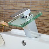 お買い得  クラシカル-現代のクロム ガラスの滝の浴室の洗面器の単一のハンドル 1 つの穴の浴室の蛇口、温水と冷水スイッチ付き