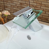 お買い得  クラシカル-現代のクロム ガラスの滝の浴室の洗面器の単一のハンドル 1 つの穴の浴室の蛇口、温水と冷水スイッチ付き